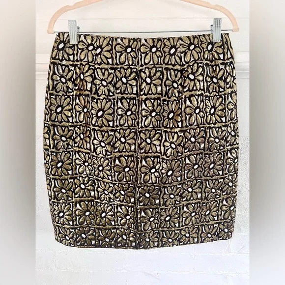 J. McLaughlin Perita Mini Skirt Vintage Daisy Gold Metallic Brocade Zip Front - Picture 3 of 14